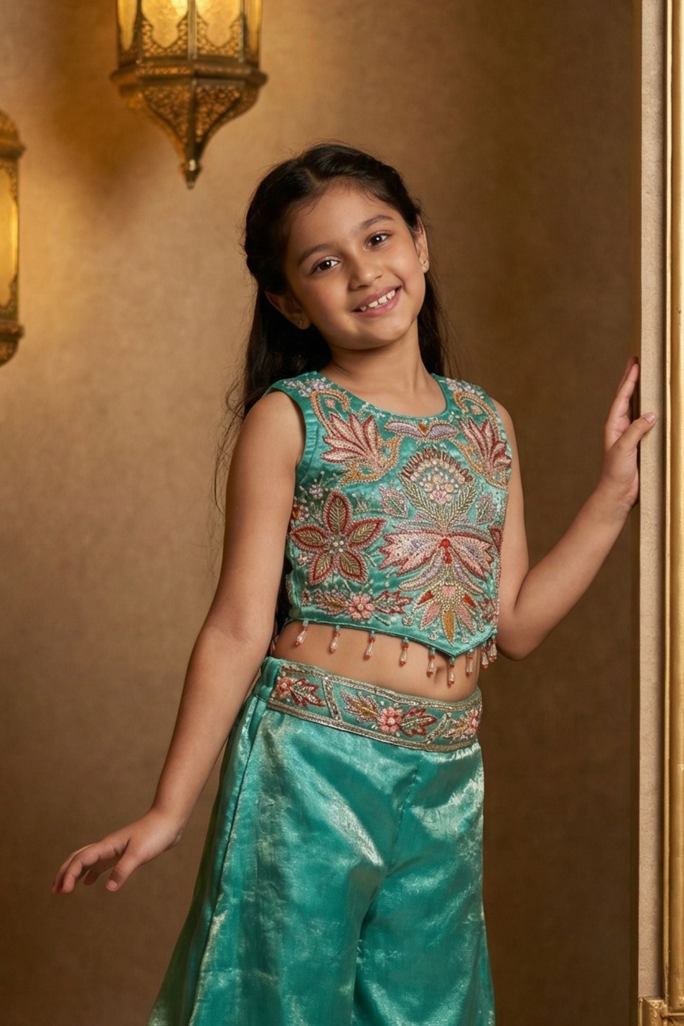 Sea Green Sequins Work With Thread Embroidery For Palazzo Set For Girls