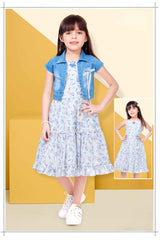 Blue Sleeveless Floral Printed Frock With Denim Overcoat For Girls