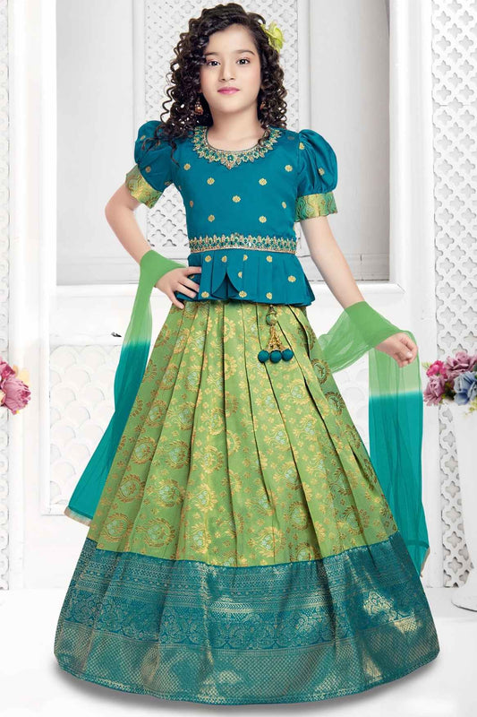 Blue And Green Banarasi Silk Pattu Lehenga Choli Set For Girls