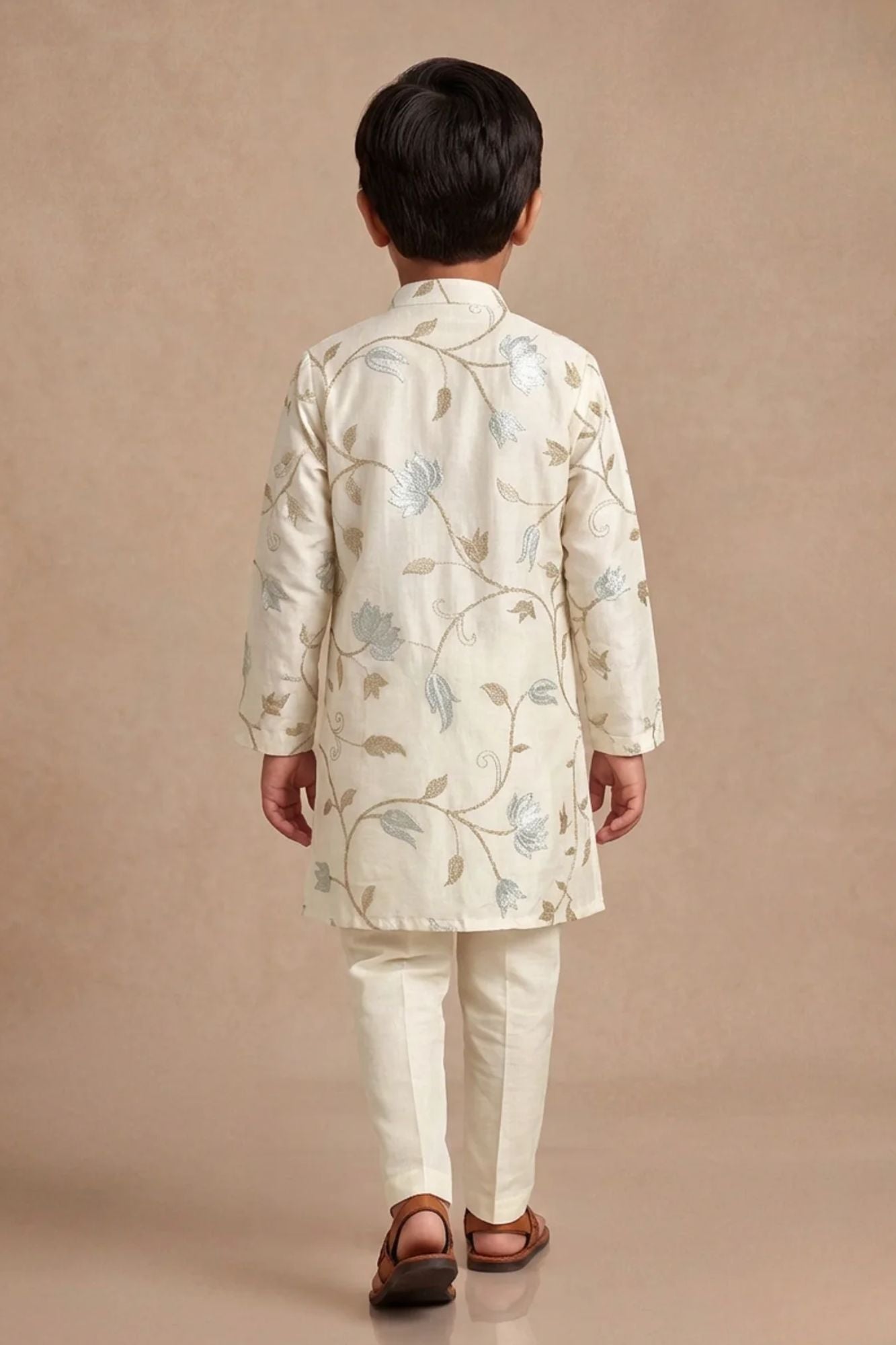 Boys Cream Kurta Pajama Set with Floral Gota Patti And Sequin Work