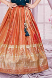 Teal And Orange Embroidered Pattu Pavadai Set For Girls