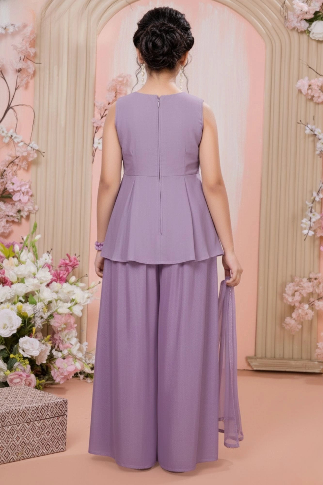 Lavender Sequins And Zari Embroidered Peplum Kurti With Palazzo Set for Girls