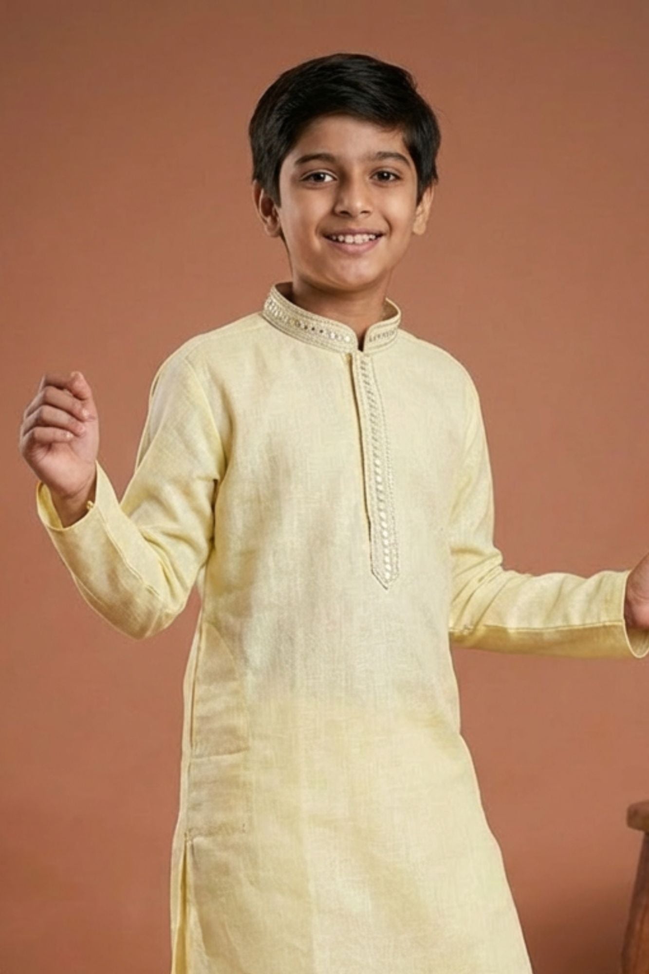 Yellow Embroidered Linen Kurta Set For Boys