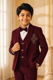 Boys Maroon Embroidered Shawl Collar Party Wear Suit Set