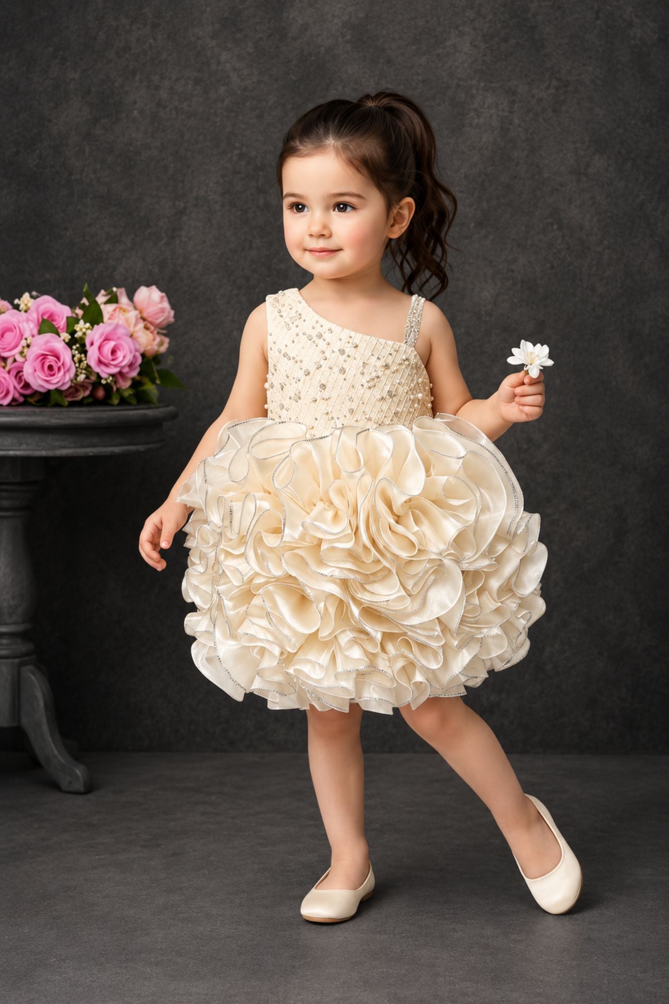 Champagne Gold One-Shoulder Ruffle Party Wear Frock