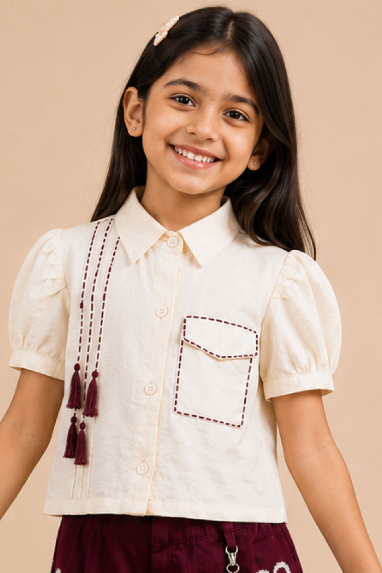 Girls Maroon Puff Sleeve Shirt Top And Printed Wide-Leg Culotte Co-Ord Set