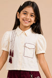 Girls Maroon Puff Sleeve Shirt Top And Printed Wide-Leg Culotte Co-Ord Set