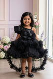 Black One-Shoulder Sequin Party Frock with Layered Tulle For Girls