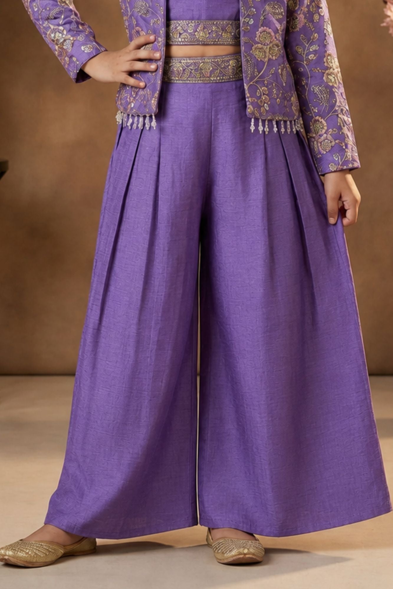 Purple Palazzo Set with Embroidered Jacket For Girls