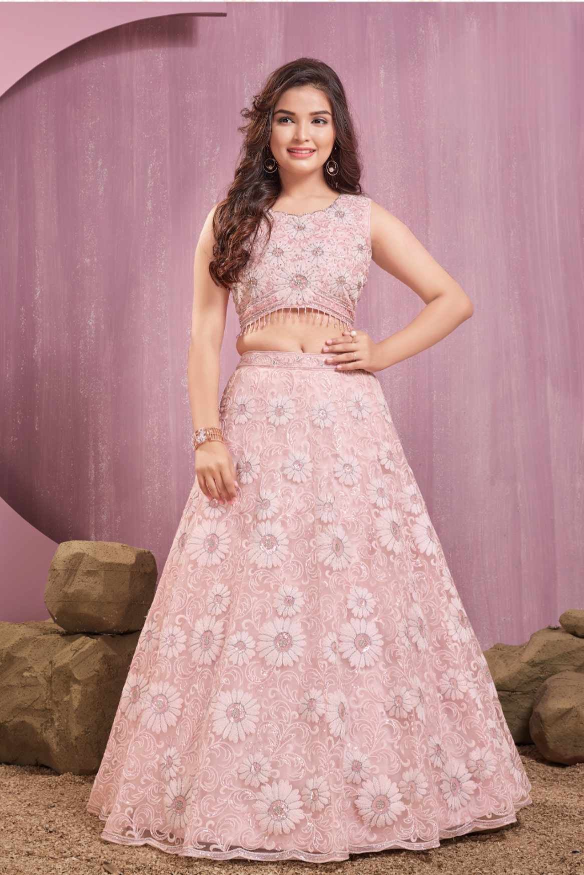 Blush Pink Floral Embroidered Lehenga Choli Set For Girls