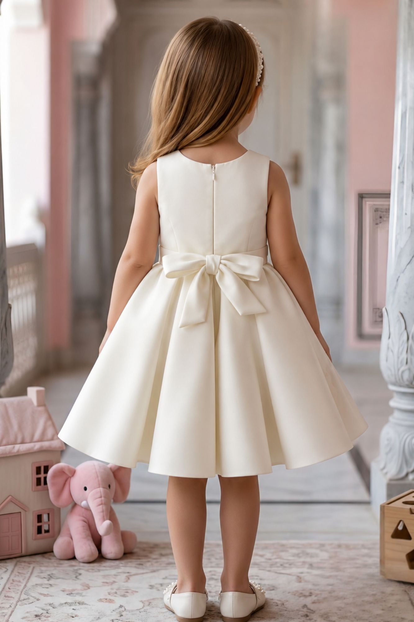 White Party Frock With Pearl-Studded Bows For Girls