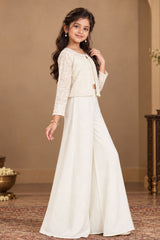 Cream Embroidered Embroidered Palazzo Set With Jacket for Girls