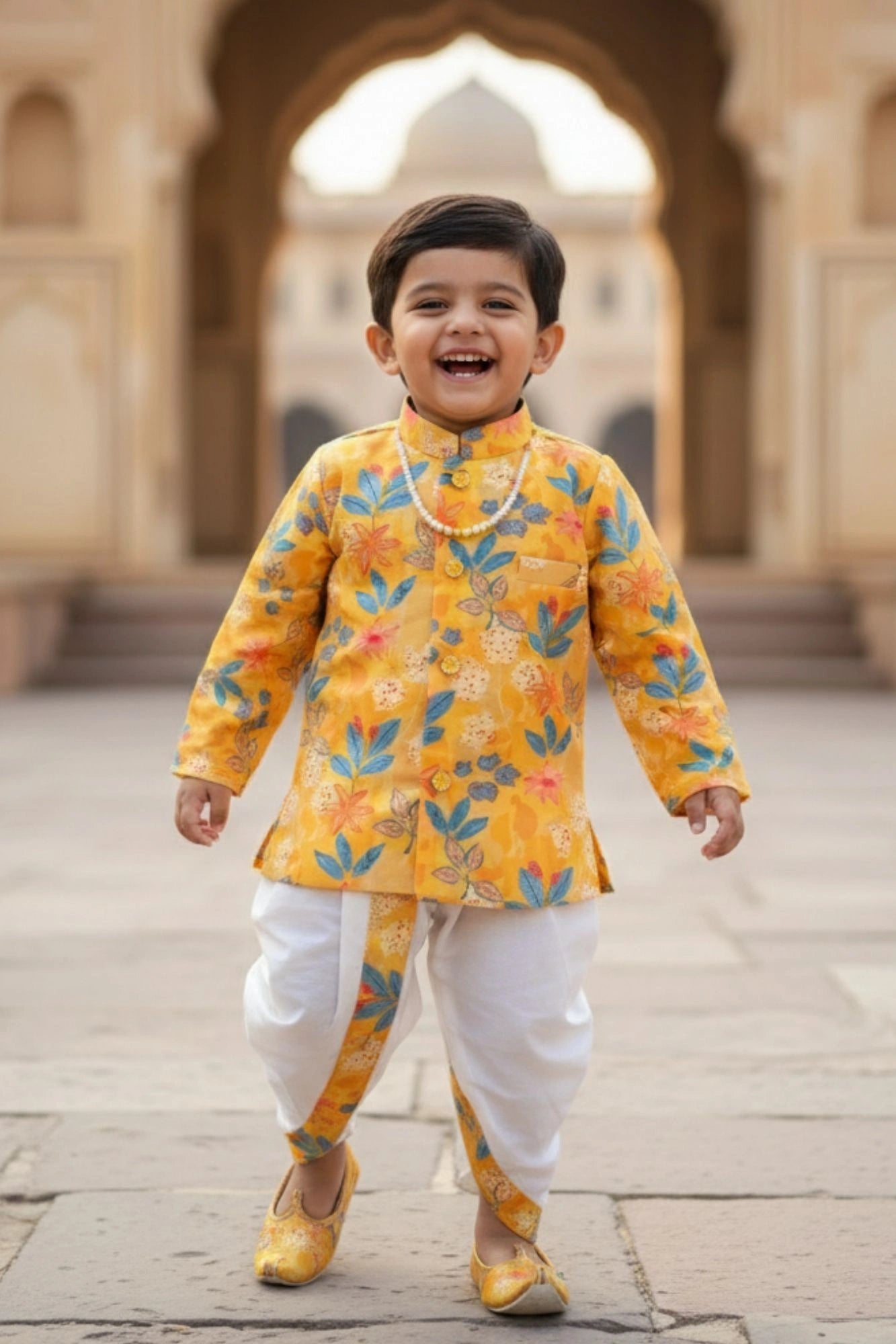 Mustard Yellow Floral Printed Kurta Dhoti Set with Accessories For Boys