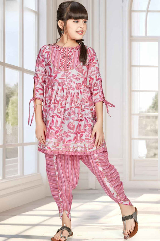 Pink 3/4th Sleeves With Floral Printed And Mirror Work Dhoti Set For Girls