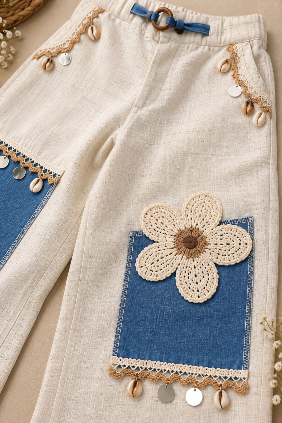 White And Blue Floral Crochet Lace Shirt With Wide-Leg Pant Co-ord Set