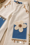 White And Blue Floral Crochet Lace Shirt With Wide-Leg Pant Co-ord Set