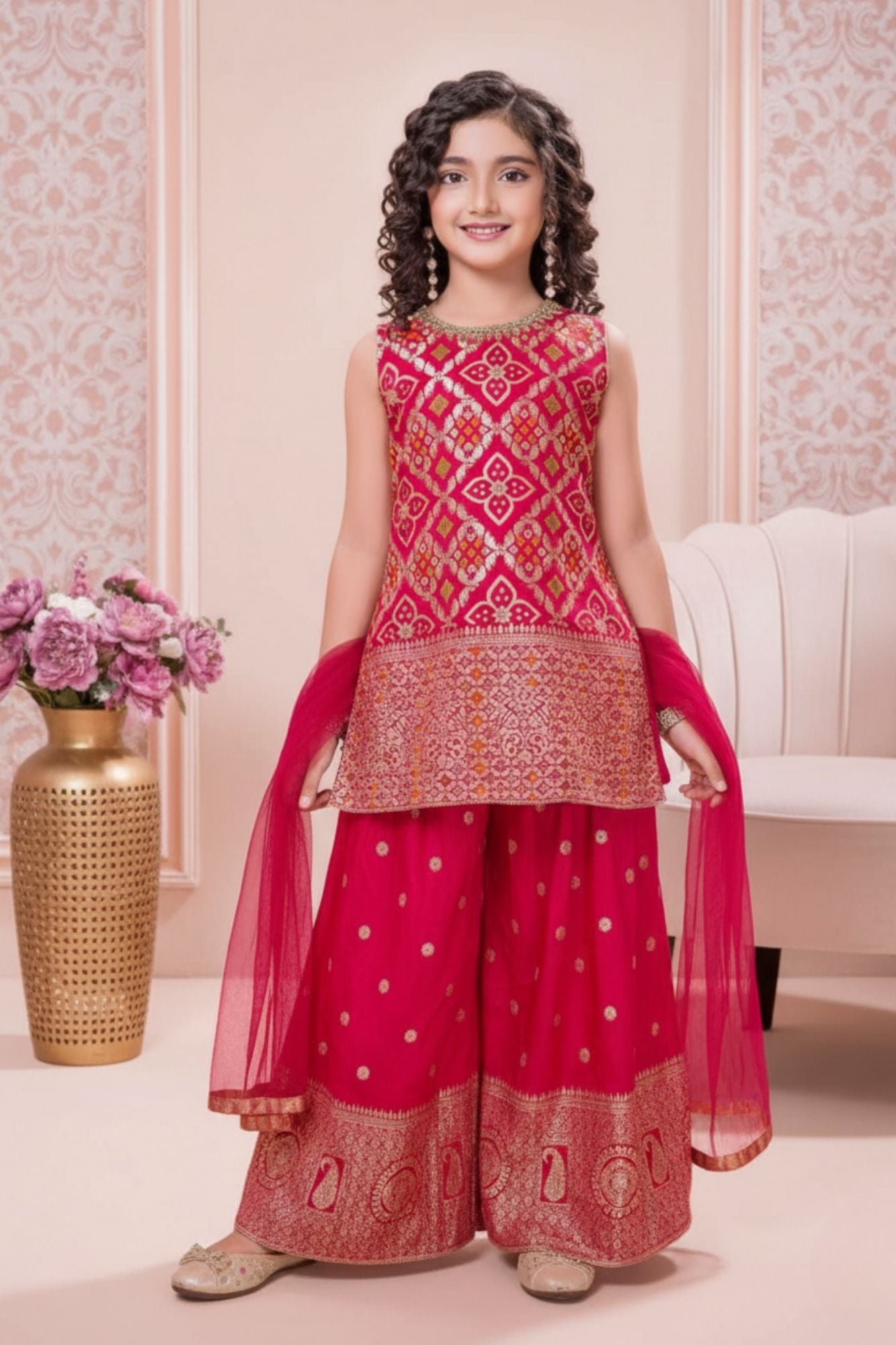 Rani Pink And Gold Printed Kurti And Palazzo Set for Girls