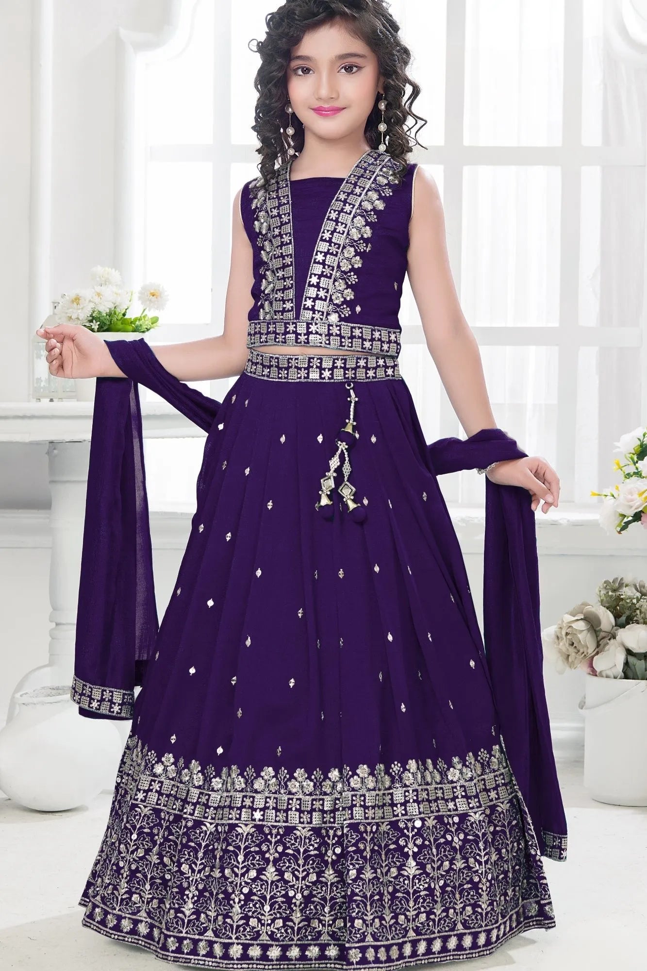 Royal Purple Embroidered Lehenga Choli Set with Dupatta For Girls