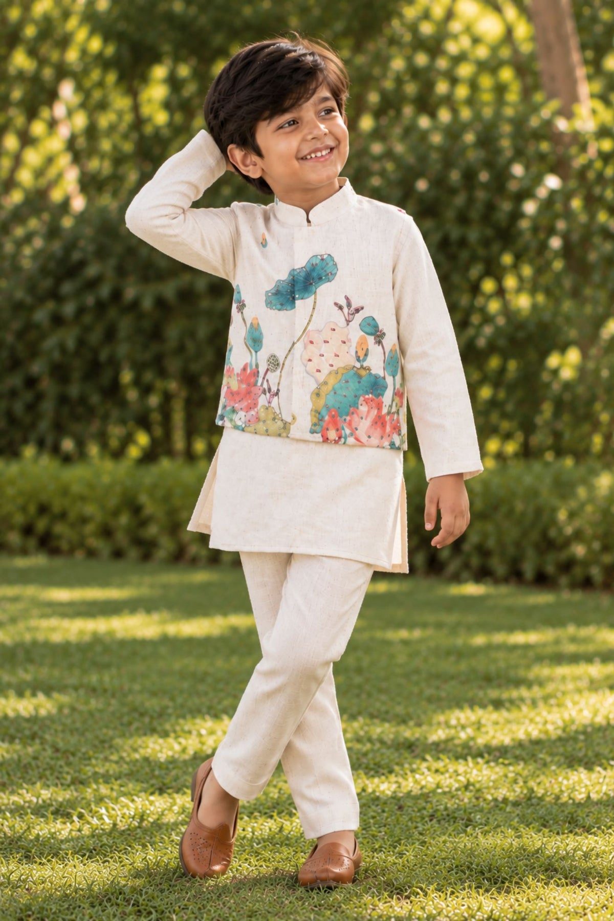 Beige Kurta Set With Floral Printed Nehru Jacket For Boys