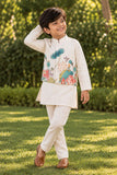 Beige Kurta Set With Floral Printed Nehru Jacket For Boys