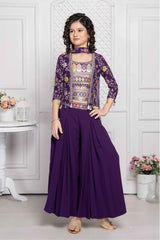 Purple Embroidered And Sequin Palazzo Set With Overcoat For Girls