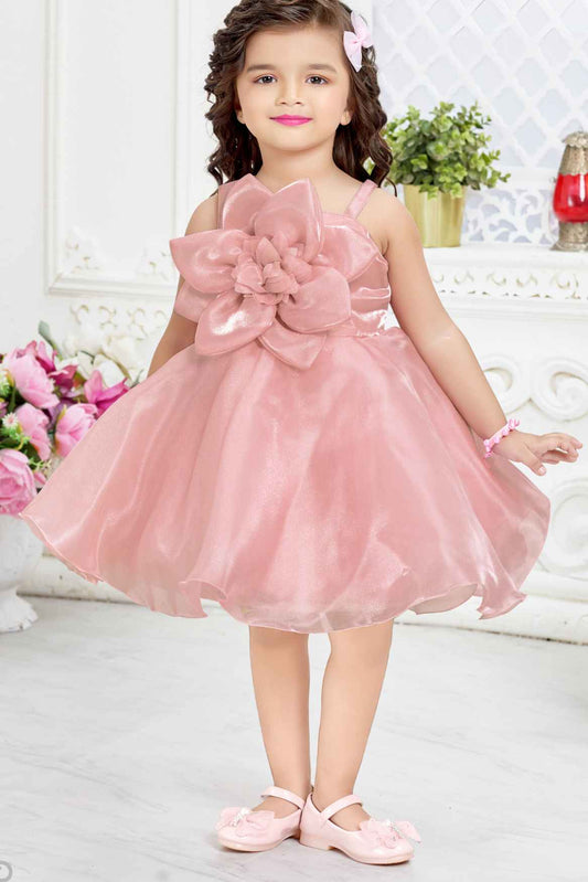 Peach Organza Frock With Floral Embellished For Girls