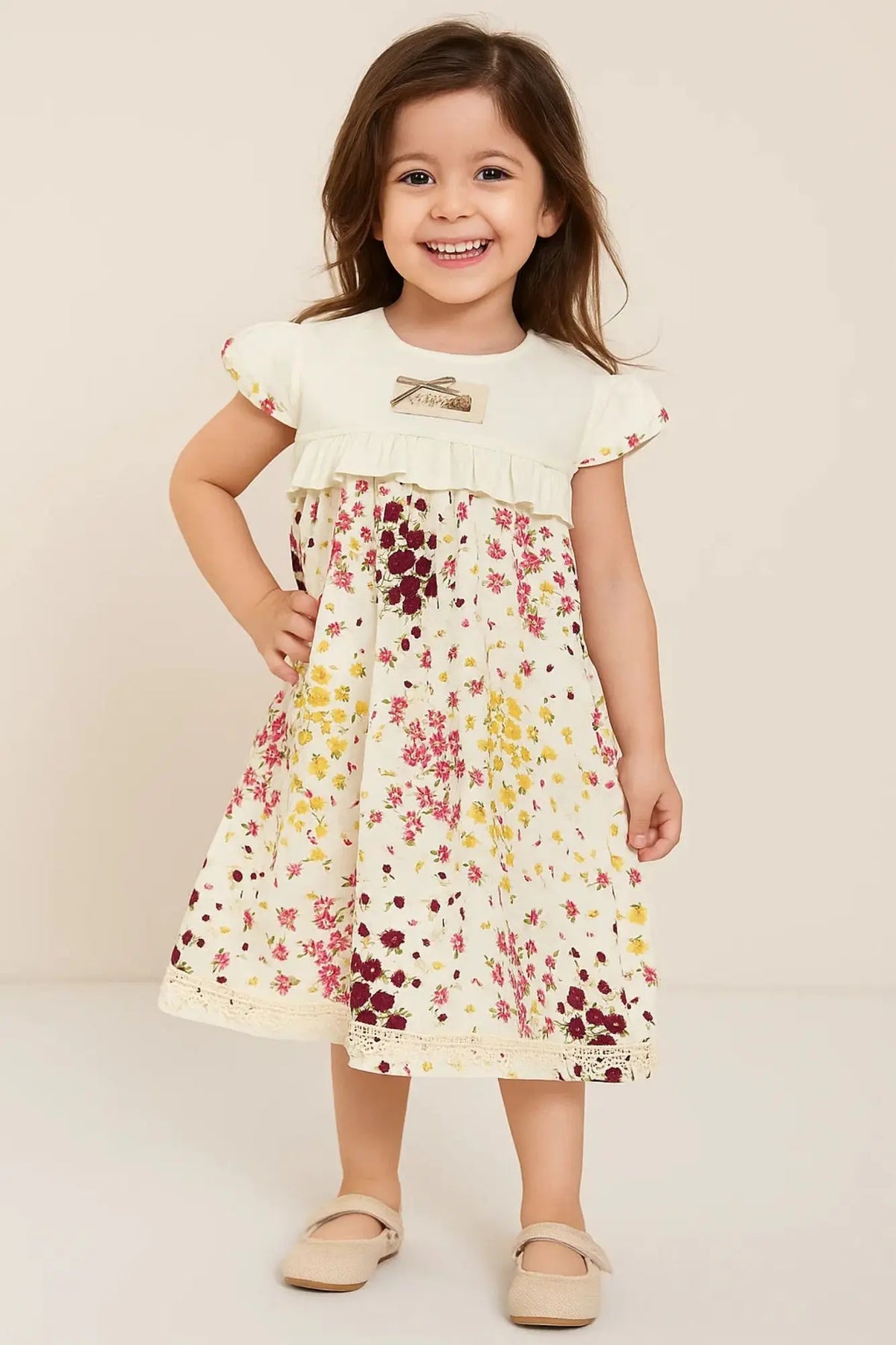 White & Yellow-Red Floral Cotton Dress with Ruffle Sleeves For Girls