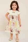 White & Yellow-Red Floral Cotton Dress with Ruffle Sleeves For Girls