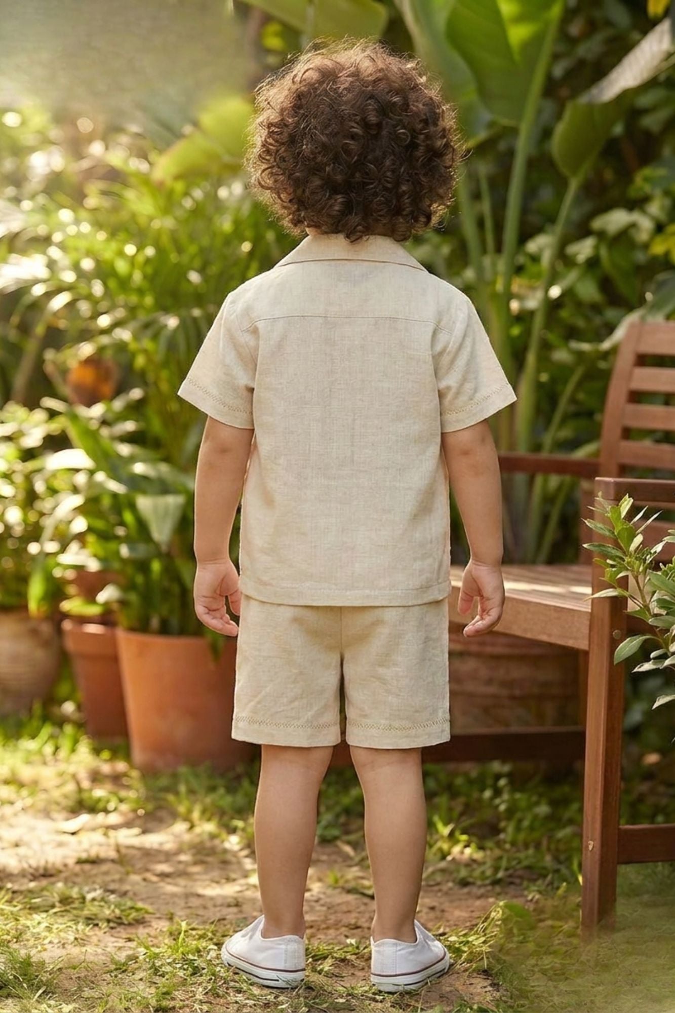Boys Beige Shorts Set with Tropical Embroidered Shirt And Printed Tee