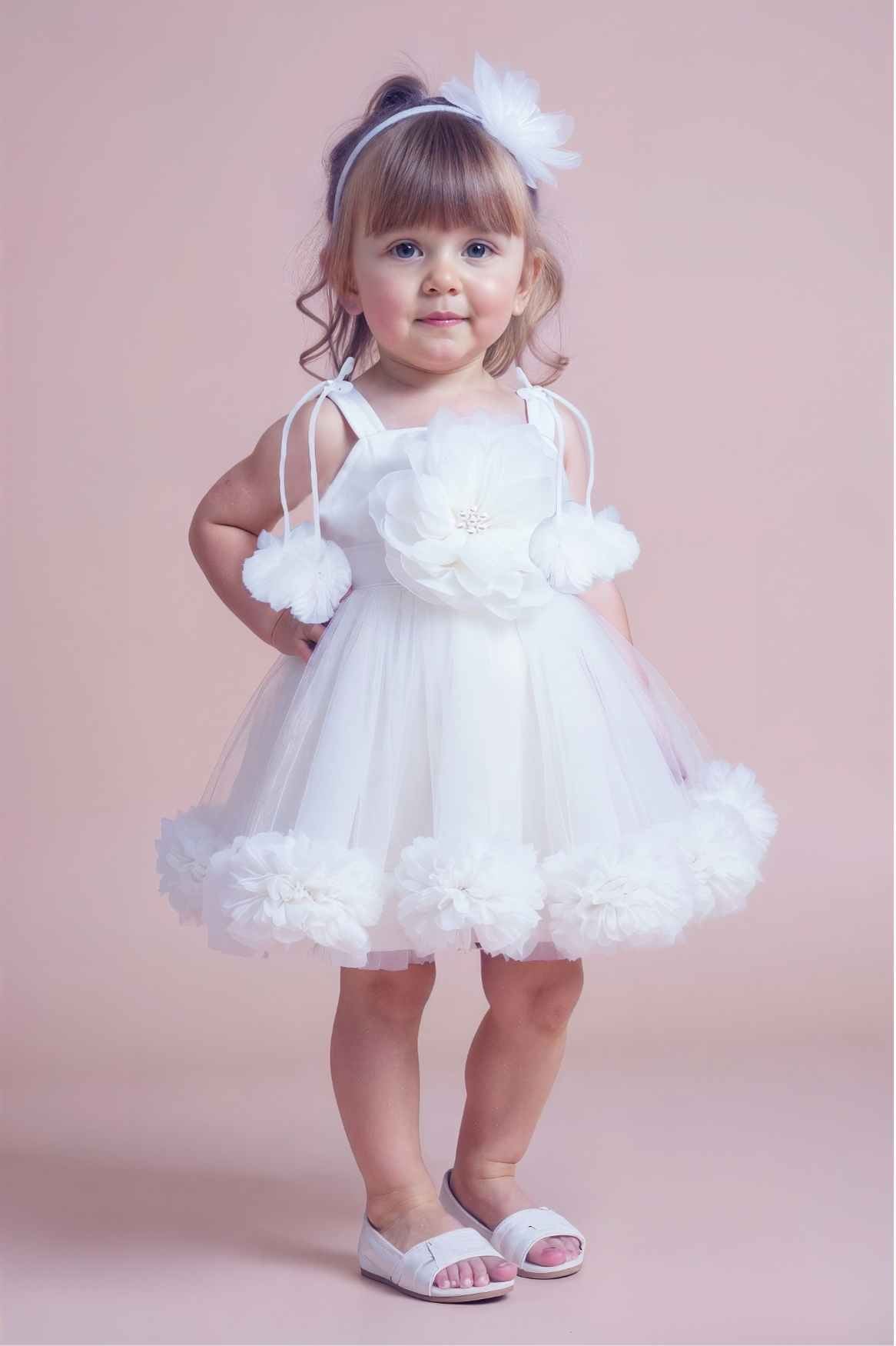 White Ruffled Frock With Floral Embellished For Girls