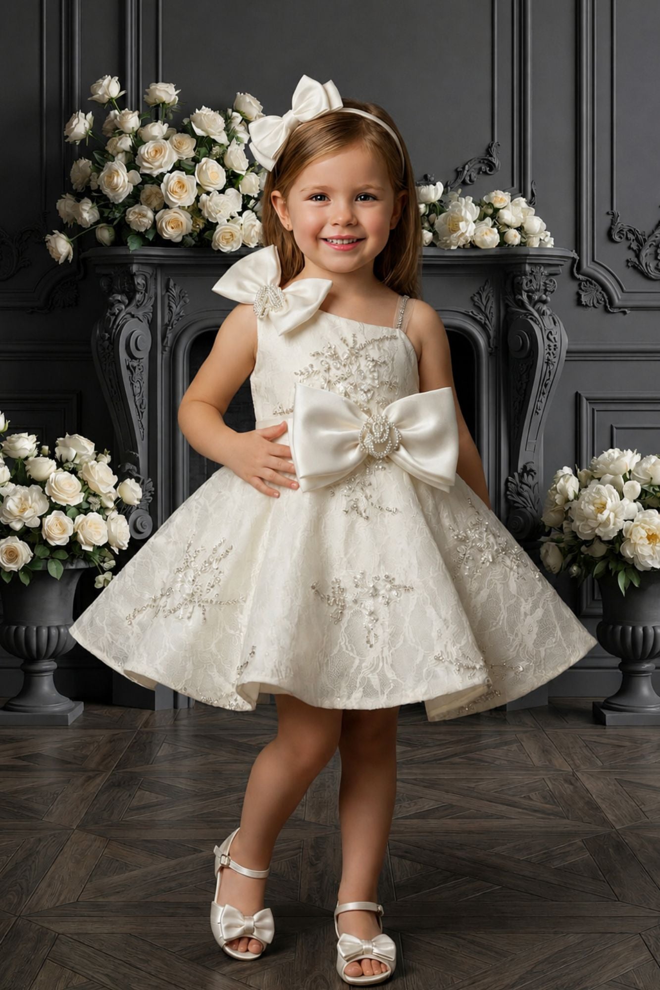 Girls Cream Embroidered Bow Detailed Party Wear Frock