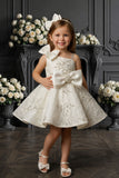Girls Cream Embroidered Bow Detailed Party Wear Frock