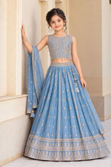 Elegant Girls Blue Silver Zari Embroidered Lehenga Choli Set with Dupatta
