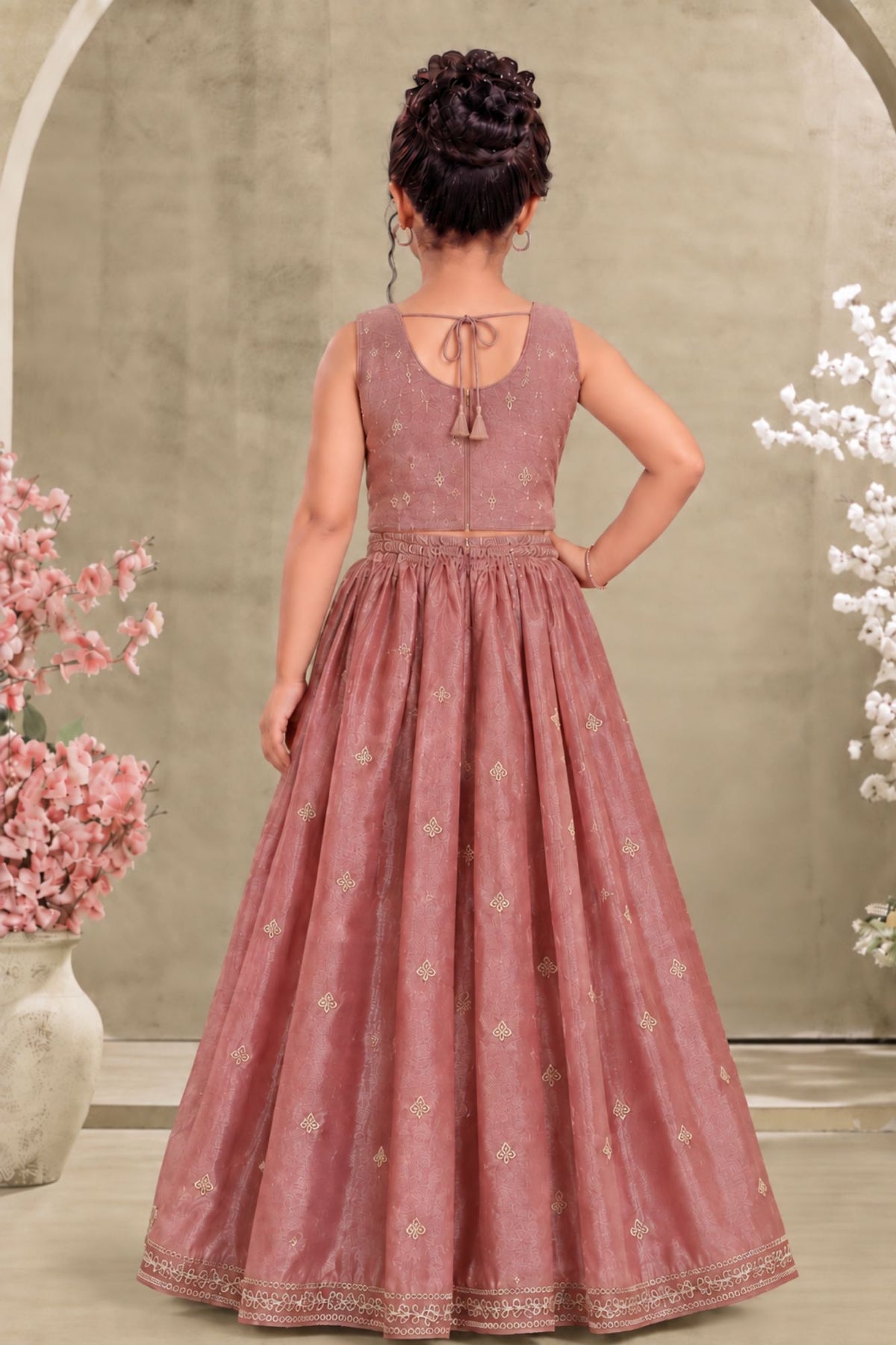 Girls Heavy Embroidered Dusty Pink Lehenga Choli Set With Dupatta