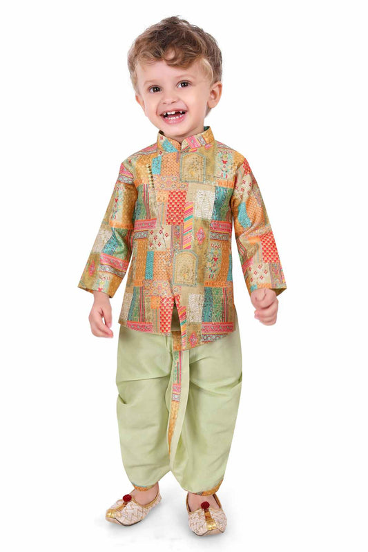 Pista Green Printed Kurta And Dhoti Set For Boys