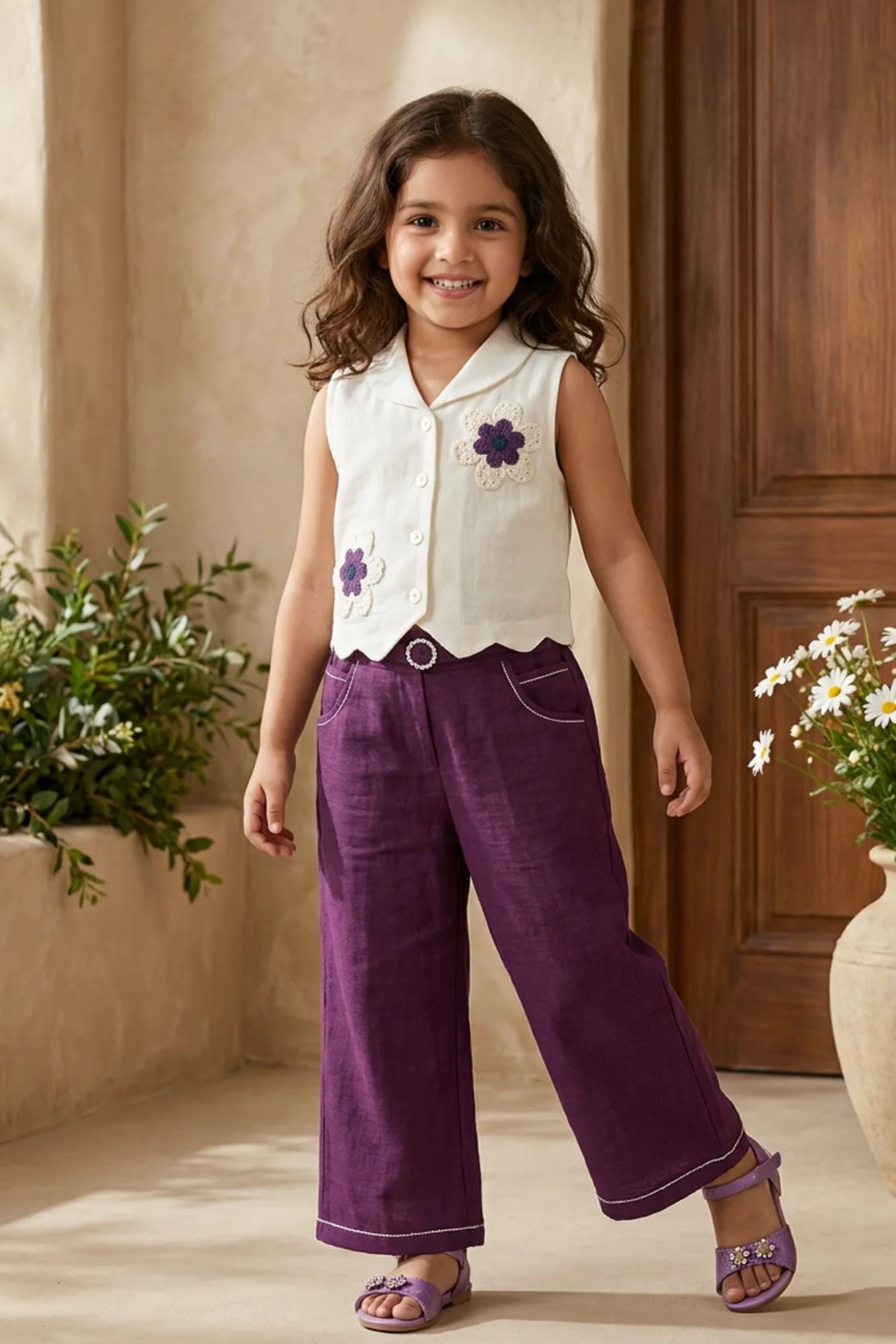 Girls Off-White And Purple Floral Embroidered Co-Ord Set with Wide Leg Pants