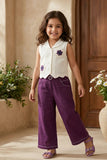 Girls Off-White And Purple Floral Embroidered Co-Ord Set with Wide Leg Pants