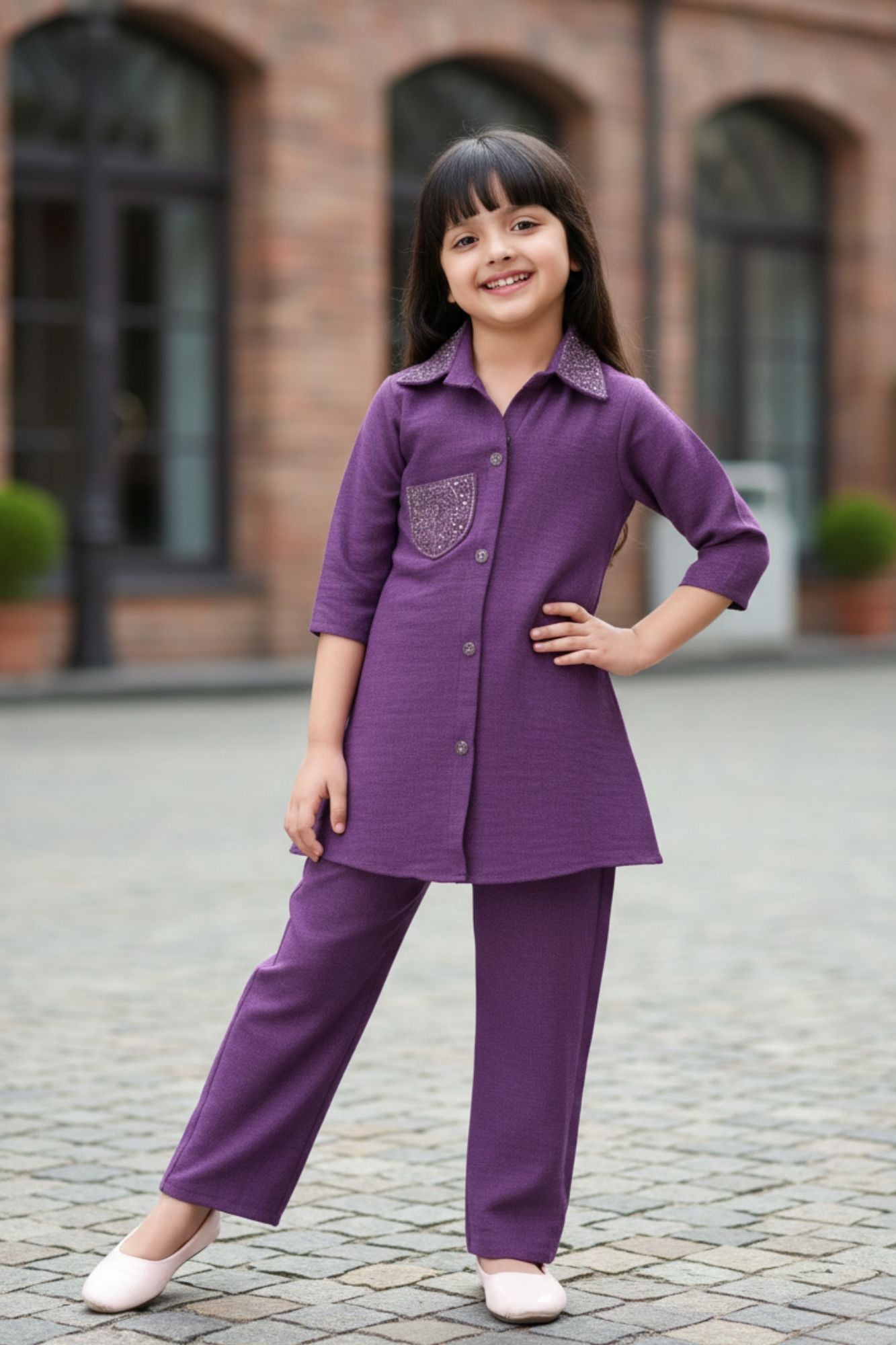 Purple Casual Top With Matching Straight Pant Set For Girls