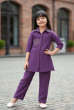 Purple Casual Top With Matching Straight Pant Set For Girls