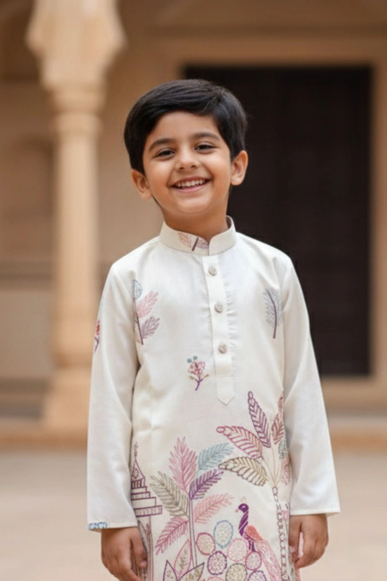 Ivory Printed Kurta Pajama Set for Boys