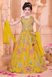 Mustard Yellow Floral Printed Lehenga Choli Set With Bead Embroidered Choli And Dupatta For Girls