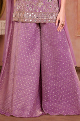 Girls Purple Mirror Embroidered Sleeveless Palazzo Set With Dupatta