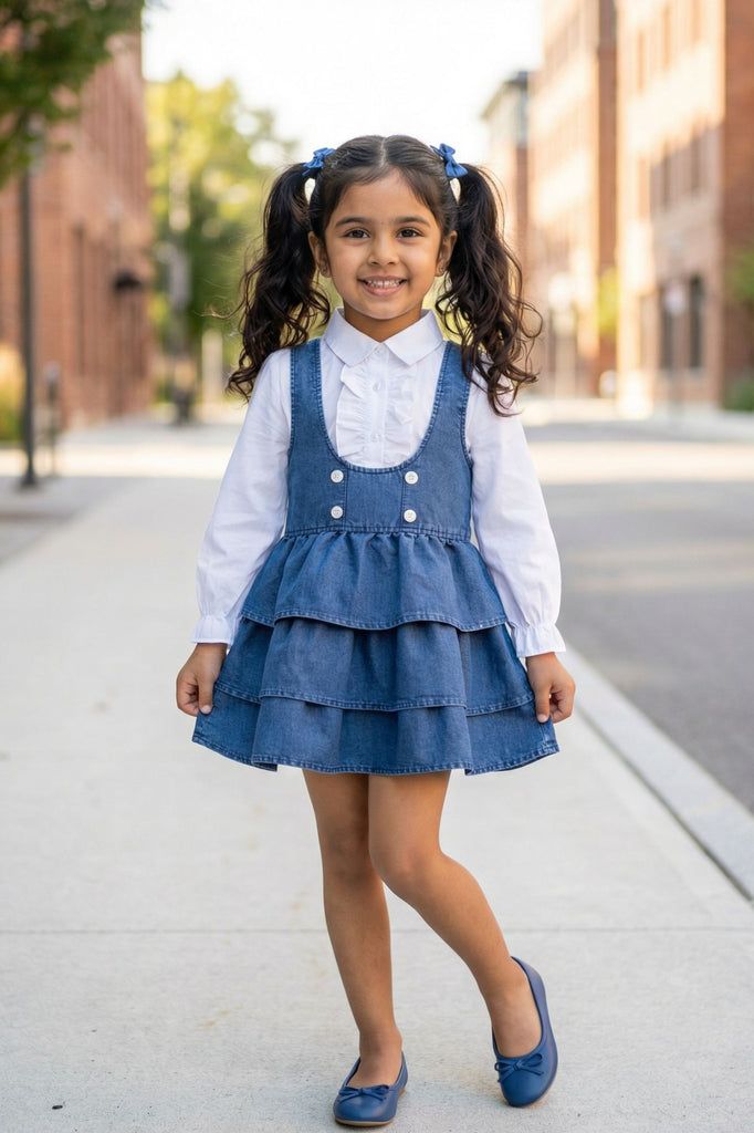 Girls Blue Denim Layered Dress with White Shirt – Lagorii Kids