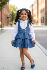 Girls Blue Denim Layered Dress with White Shirt