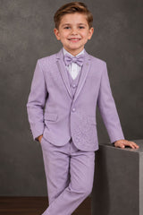 Boys Lavender Embellished Coat Suit With Waistcoat And Bow Tie