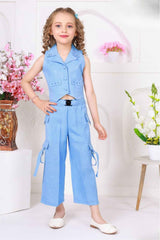 Trendy Sky Blue Sleeveless Jacket And Pant Co Ord Set For Girls