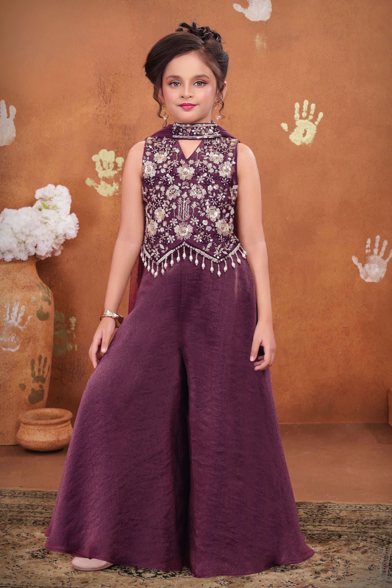 Girls Wine Embroidered Palazzo Set With Dupatta