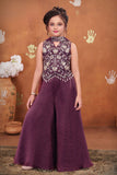 Girls Wine Embroidered Palazzo Set With Dupatta