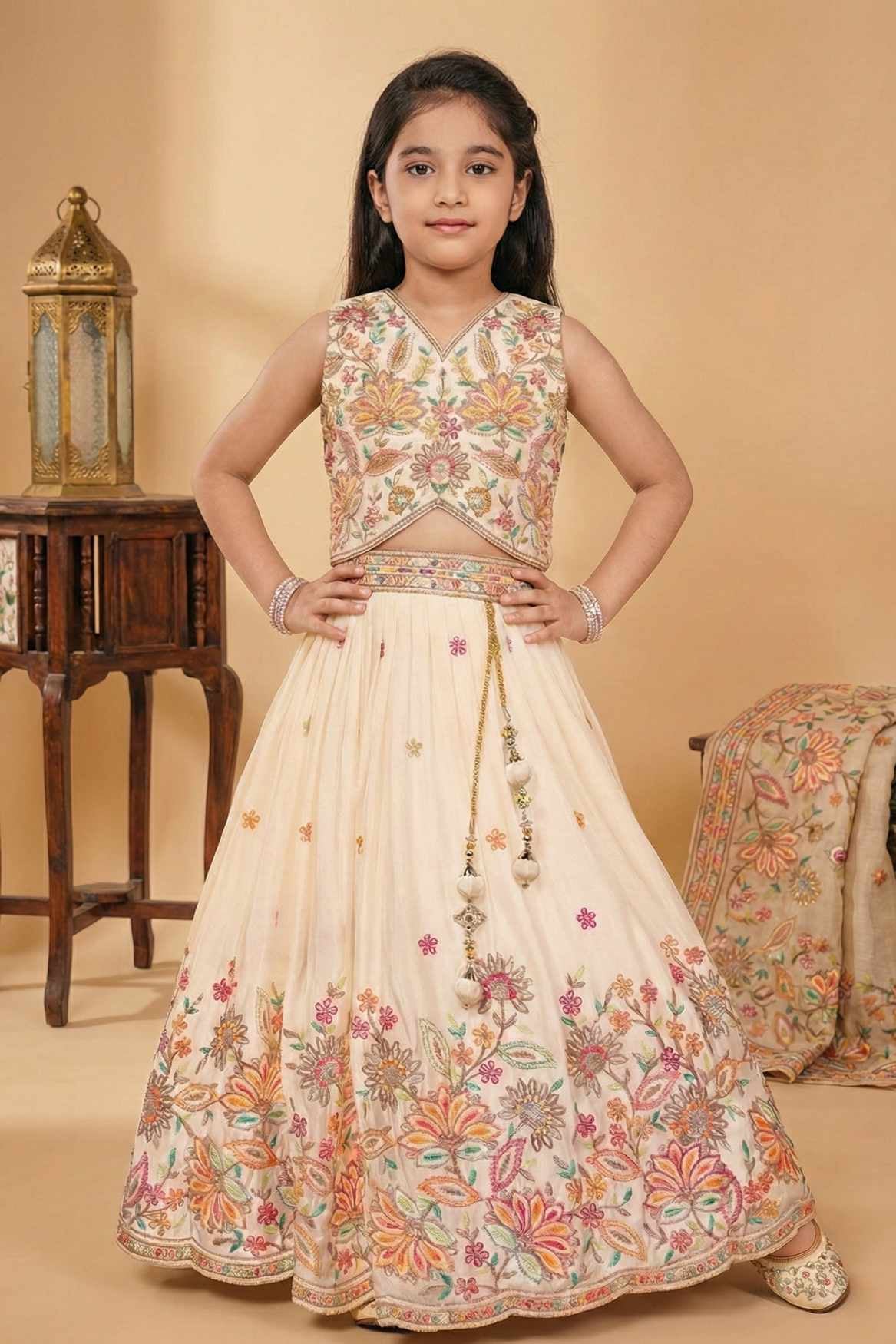 Cream Floral Embroidered Lehenga Choli Set for Girls