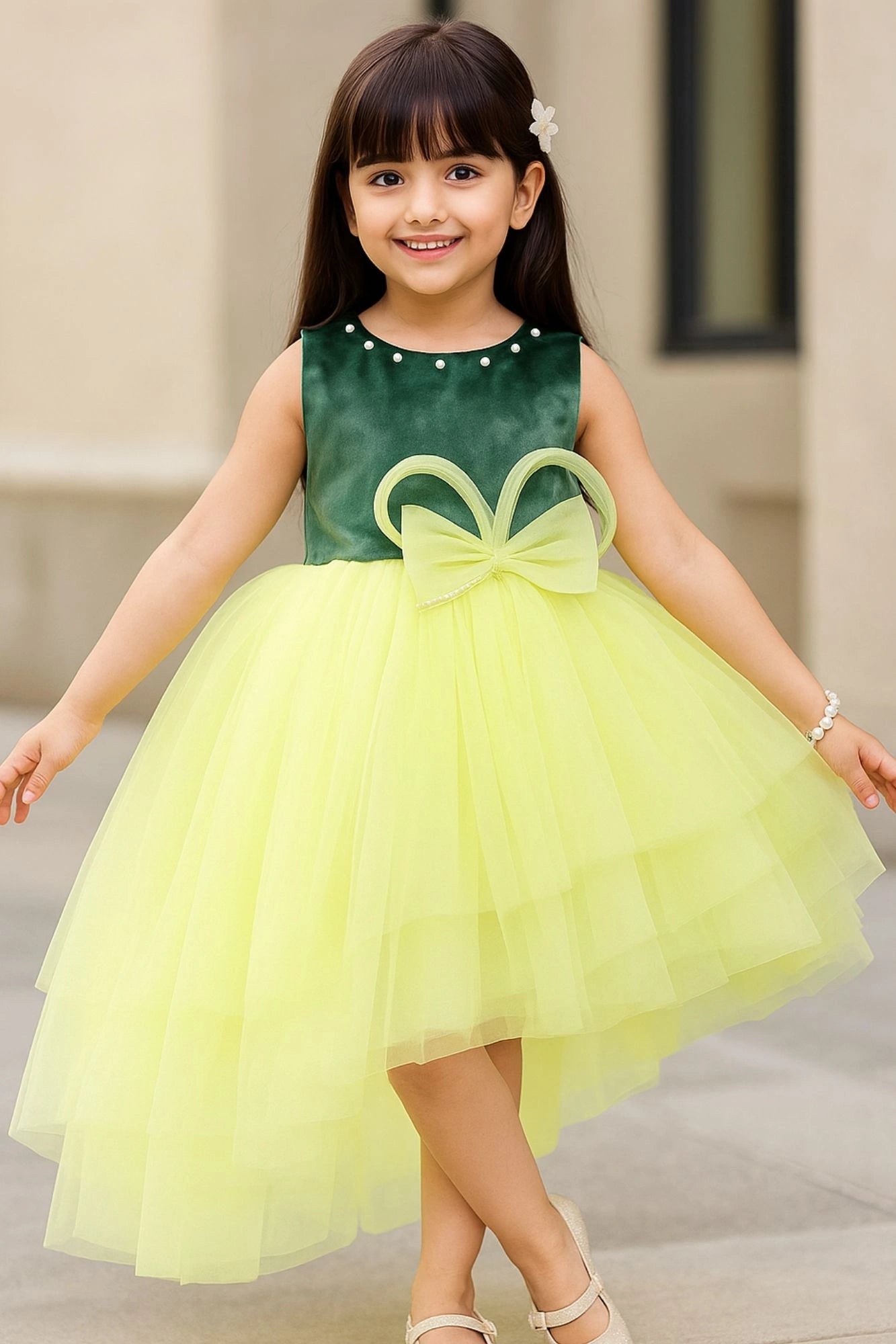 Green And Yellow Party Wear Frock with Layered High-Low Skirt For Girls